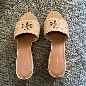 Tory Burch Eleanor Raffia Block Heel Slide Sandals